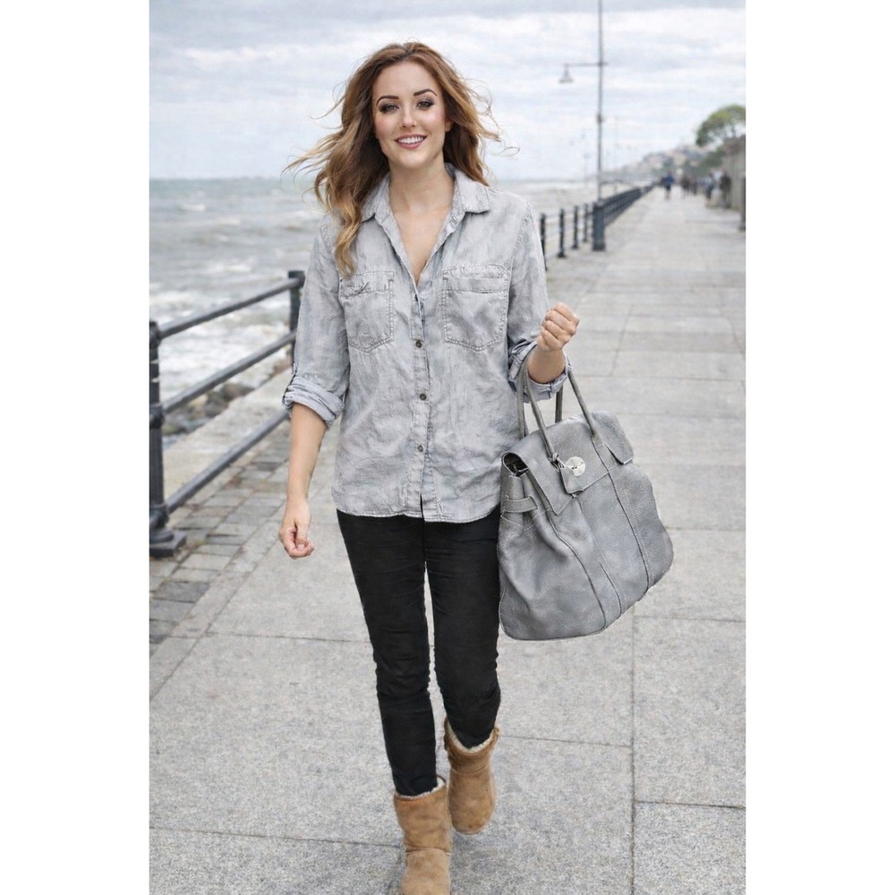 Scandi Gray Button Up Shirt Clean Girl Roll Tab Boho Beach‎ Over Size M Casual